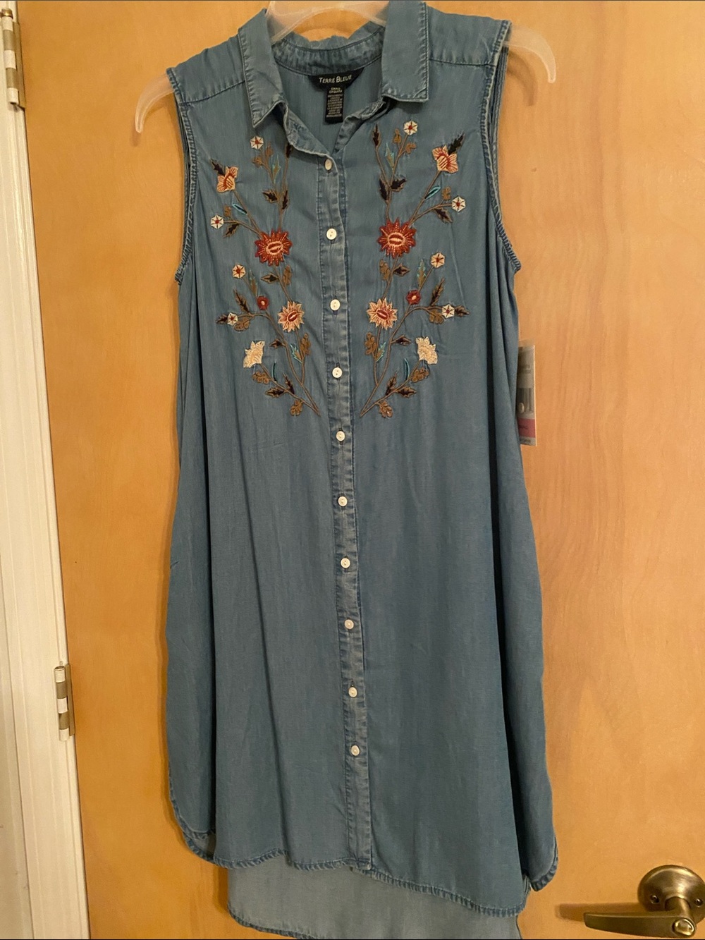 NWT Terre Bleue sleeveless denim color blue dress with floral embroidery